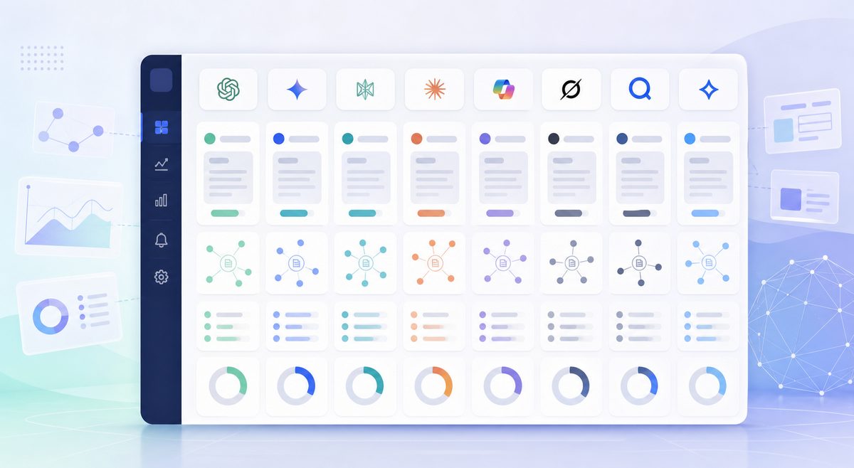 Screenshot placeholder of an AI search monitoring grid comparing brand mentions, AI citations, and AI share of voice across prompts