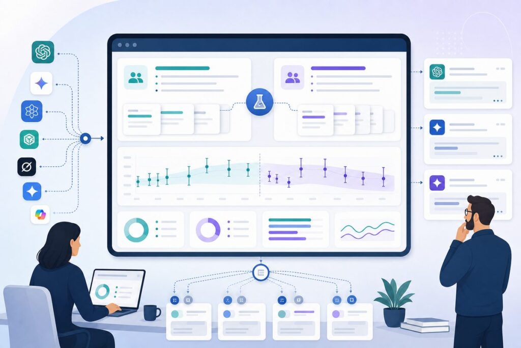 AI visibility holdout test dashboard showing treatment prompts, control prompts, citation rate, and confidence intervals