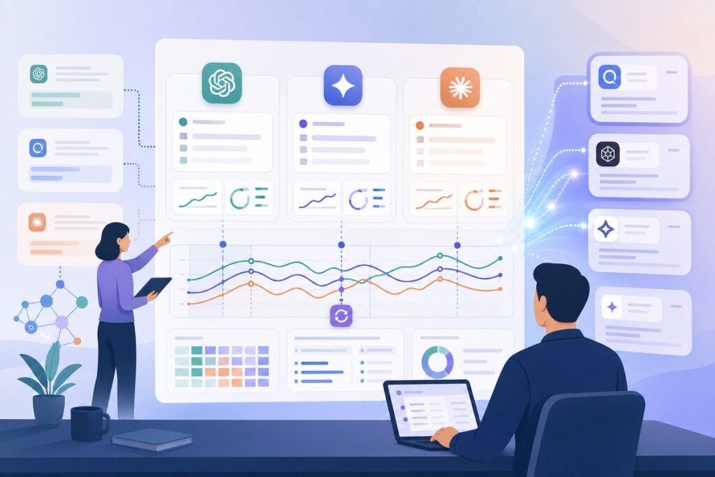 Dashboard showing how model updates affect AI visibility across GPT, Gemini, and Claude