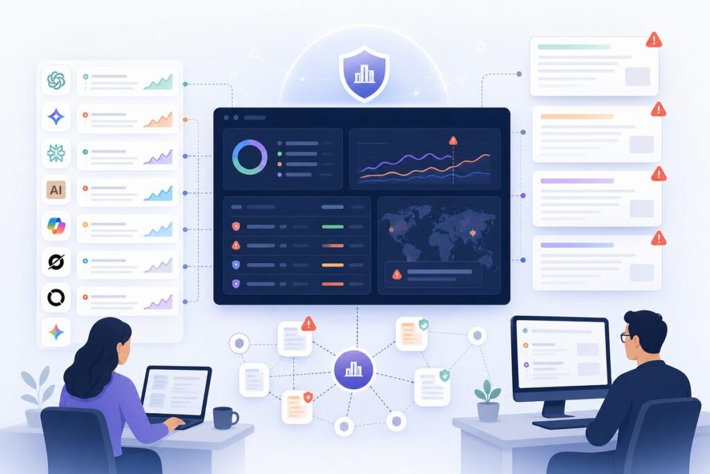 brand protection AI search monitoring dashboard showing model mentions, citations and threat severity