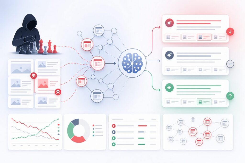 Diagram showing how can competitors manipulate AI answers through poisoned sources, citation shifts, and answer changes