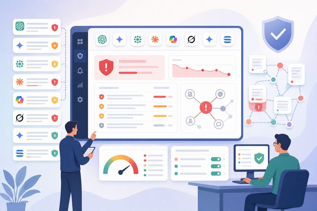 AI answer brand safety dashboard showing unsafe answer contexts, citation sources, risk scores and proposed fixes