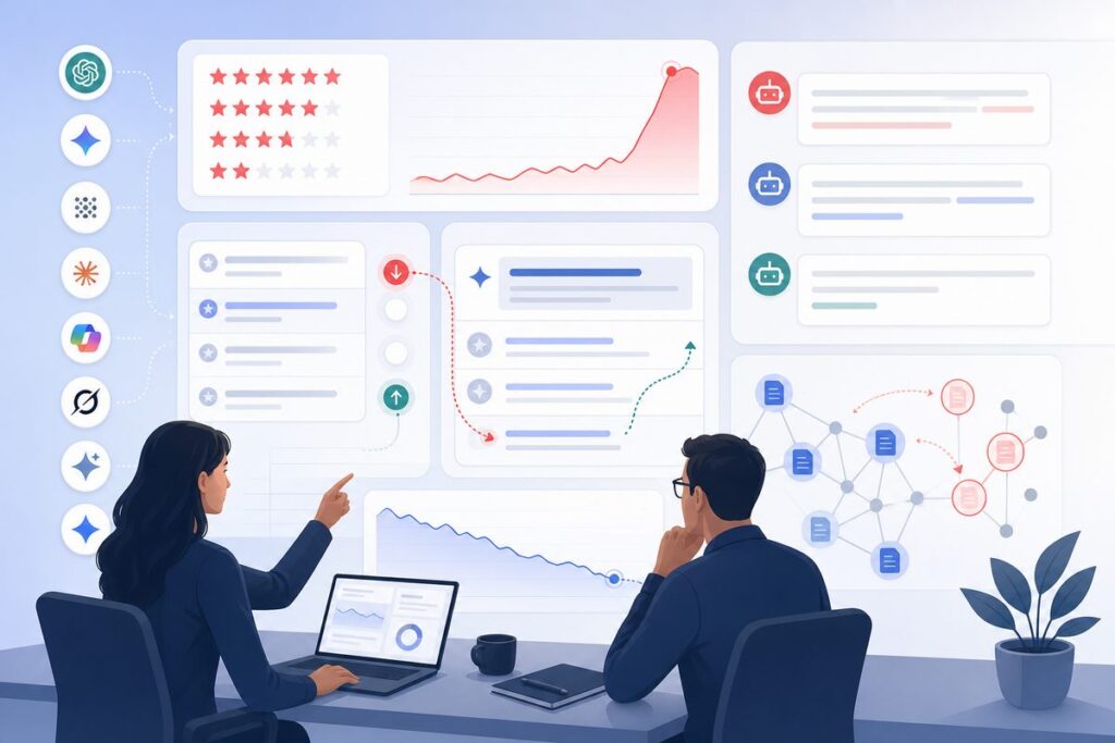 fake reviews AI recommendations dashboard showing review spike, AI answer rank drop, and citation source changes