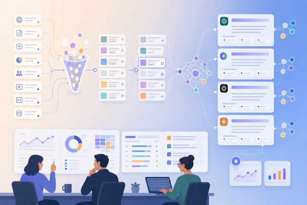 RAG AI search visibility pipeline showing retrieval, reranking, grounding, citation, and marketer-controlled visibility levers