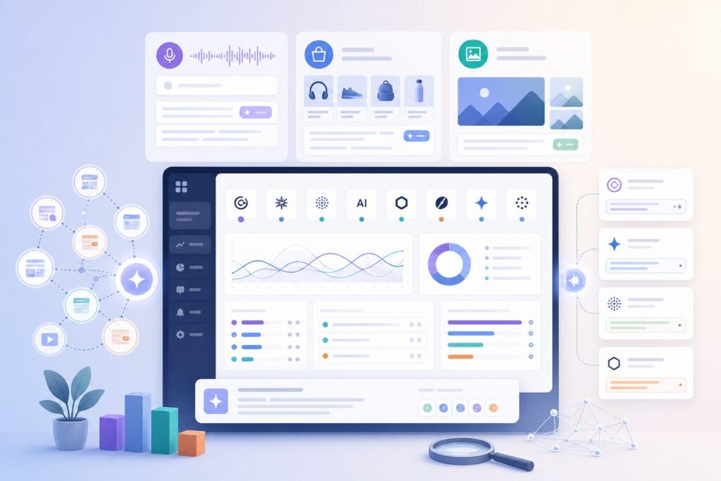 Multimodal AI search optimization dashboard showing voice, shopping, and visual answer surfaces