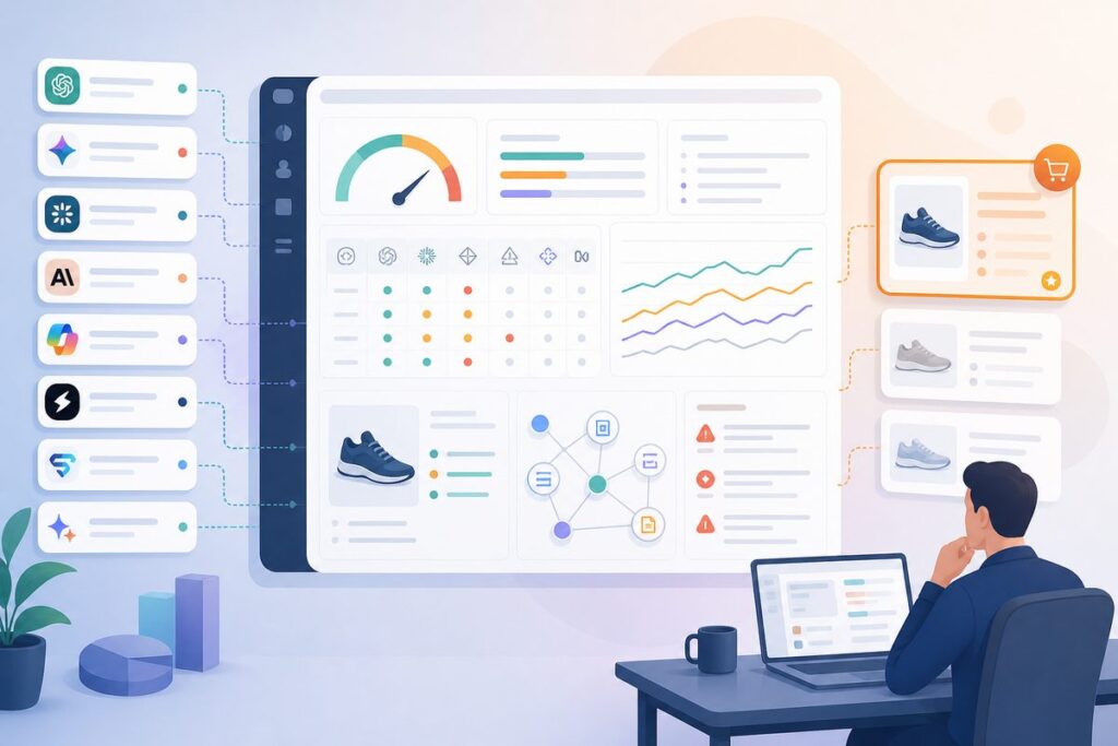 AI shopping assistant visibility scorecard showing prompt coverage, shortlist rank, citations, and product evidence gaps
