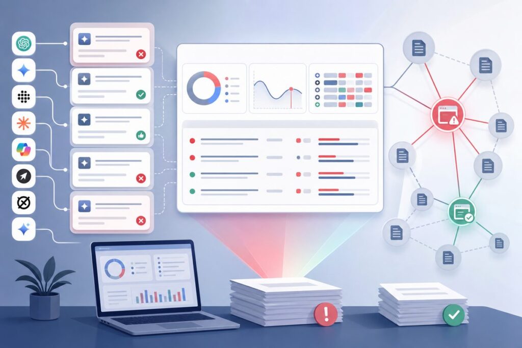 Internal audit dashboard showing outdated content wrong AI answers traced to stale owned pages