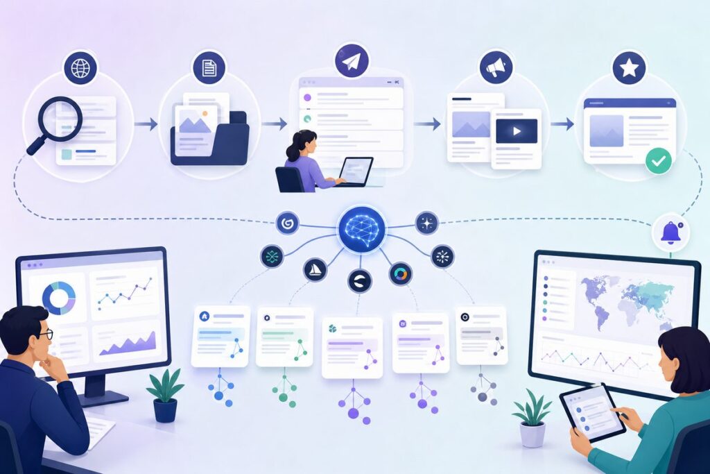 digital PR for AI citations workflow showing media research, evidence assets, outreach, coverage, and AI visibility monitoring