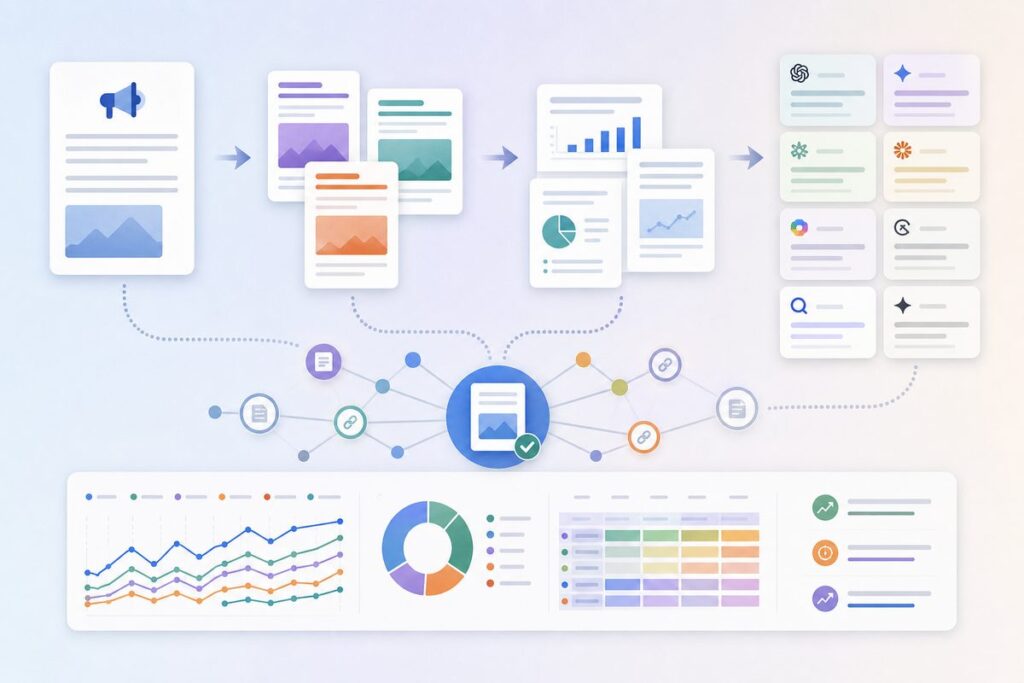 Chart showing how do press releases help AI search through citation tracing, editorial pickup, and owned evidence pages