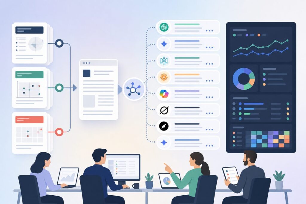 Analyst reports AI citations workflow from third-party evaluation source to crawlable evidence page and daily AI search monitoring