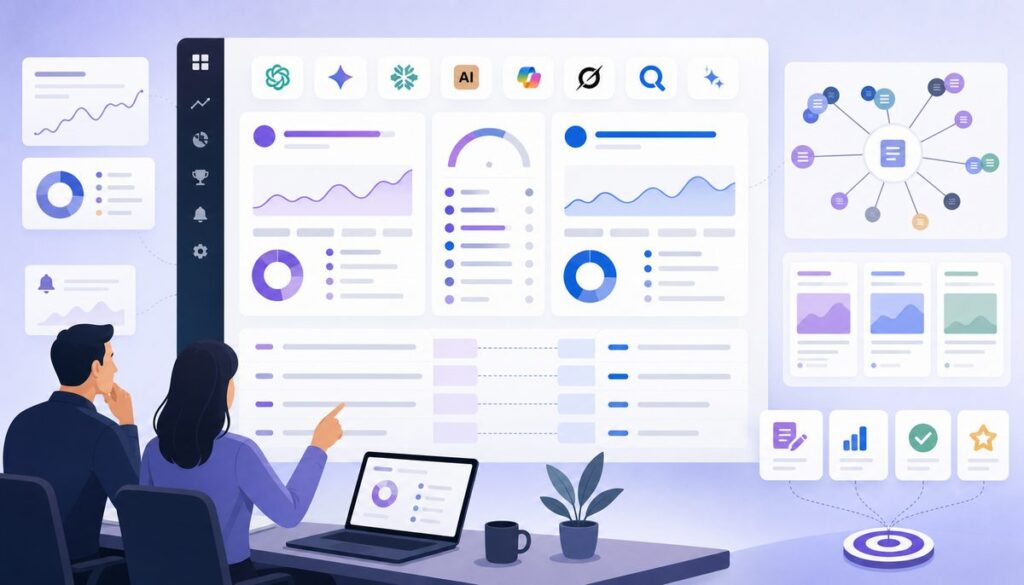 AI search competitor benchmarking dashboard showing your brand, named rival, share of voice gap, citation sources and target runway