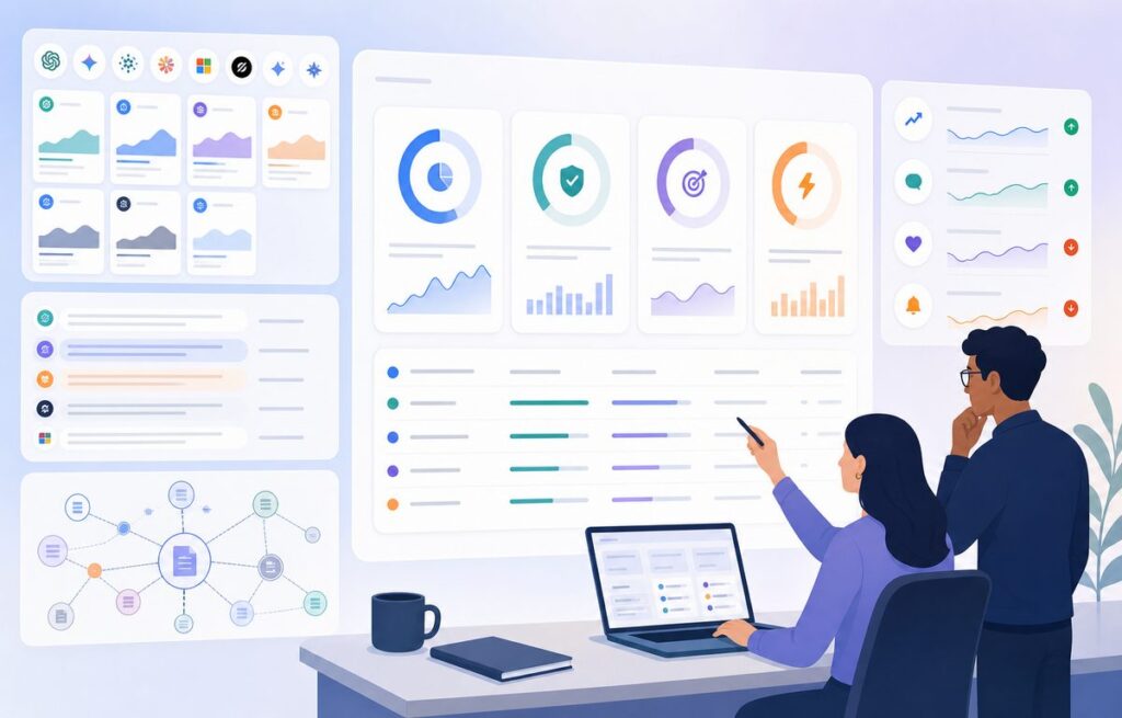 AEO reporting template scorecard showing AI share of voice, citation quality, answer accuracy, and fix velocity
