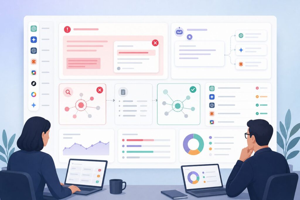 AI wrong facts about my company dashboard showing a hallucinated pricing claim, source gap, and retest status