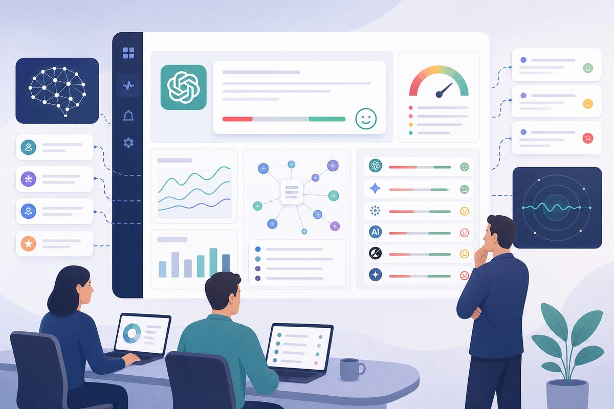 AI brand sentiment dashboard showing ChatGPT answer tone, cited sources, prompt-level risk, and adjective trends