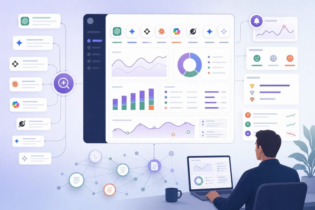 AI visibility dashboard showing weekly visibility, sentiment, competitors and source alerts