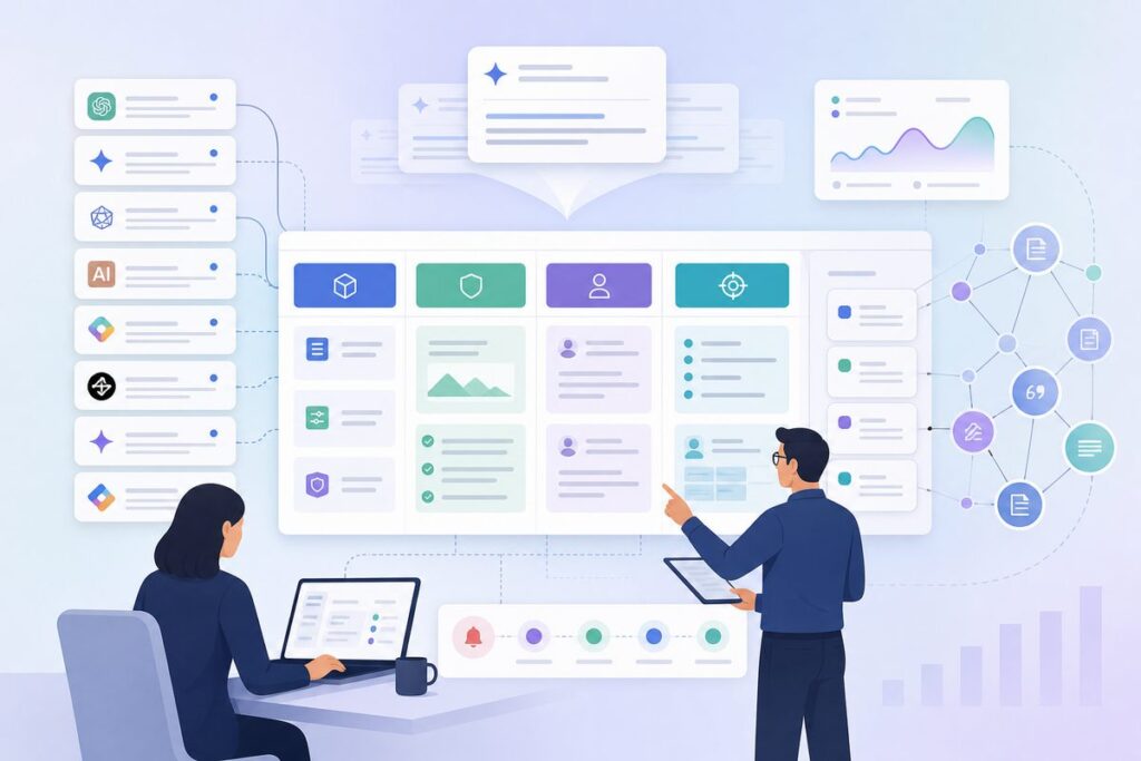 Product page AEO evidence ledger showing features, proof, buyer fit, and supporting source pages