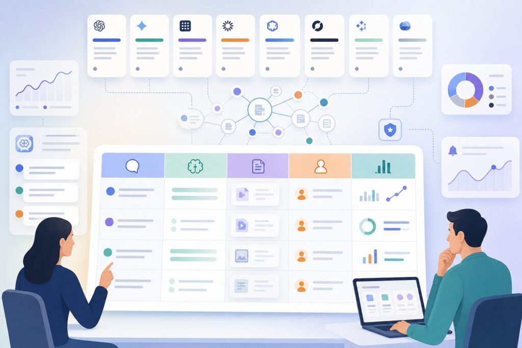 FAQ strategy for AI search matrix showing prompt evidence, answer type, proof asset, page owner, and measurement fields