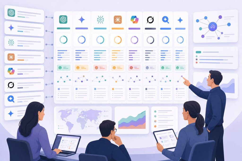AI visibility platform comparison dashboard showing prompt coverage, brand mentions, citations, sentiment, and competitor rankings