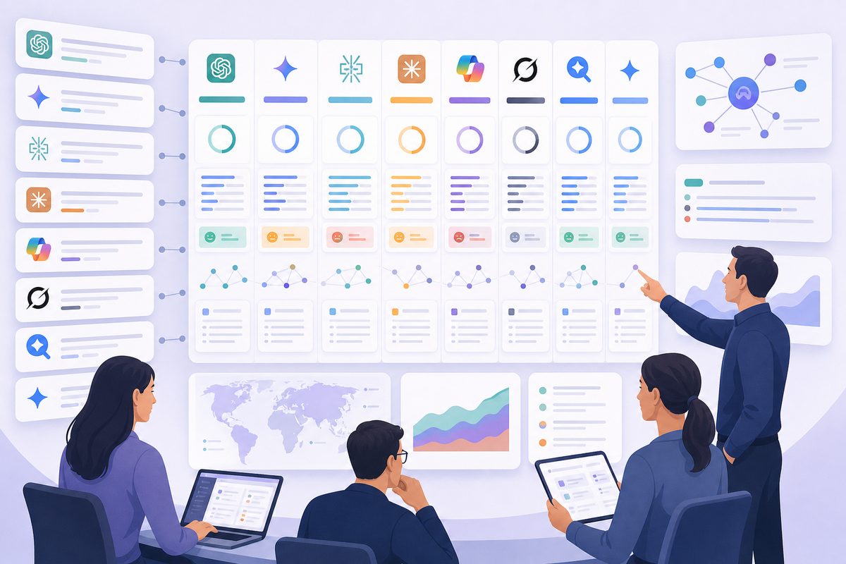 AI visibility platform comparison dashboard showing prompt coverage, brand mentions, citations, sentiment, and competitor rankings