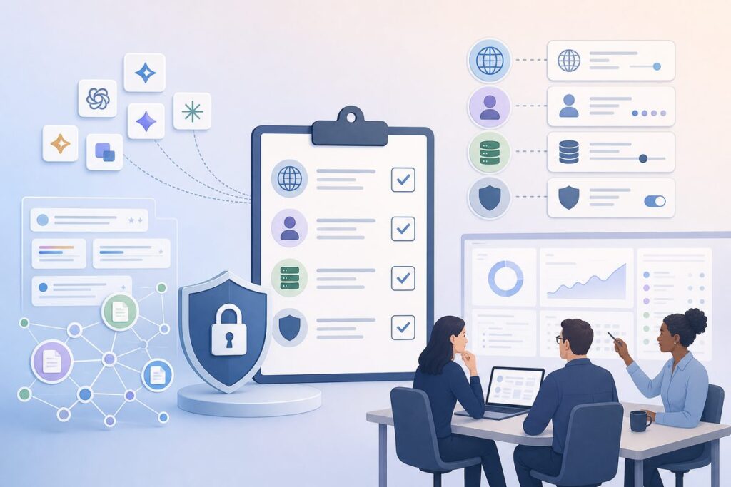 AI visibility tool data privacy checklist showing public signals, account access, retention and vendor controls