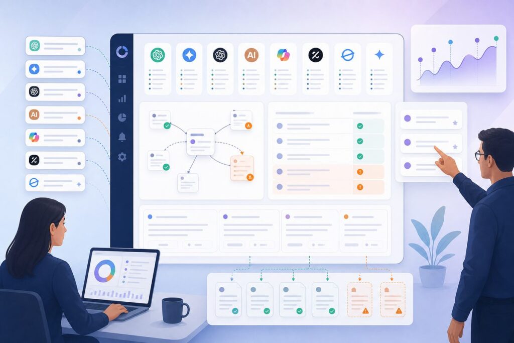 AI source gap analysis dashboard showing prompts, cited sources, missing evidence, and recommended page briefs