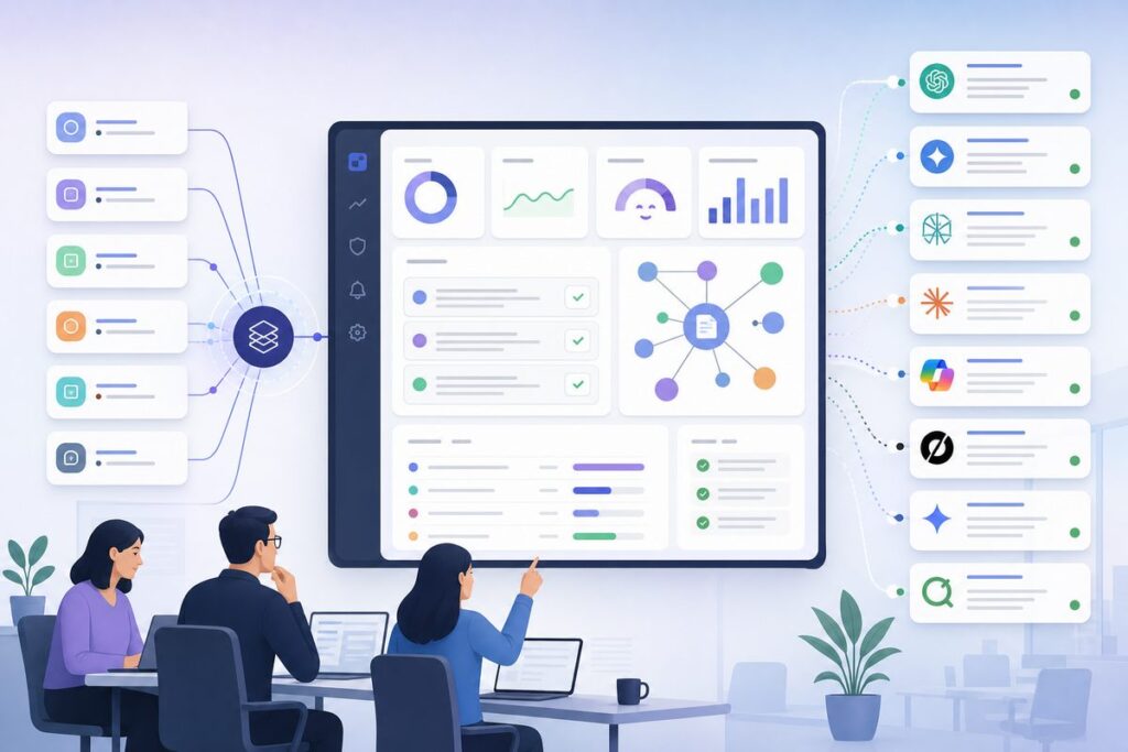 brand source of truth dashboard showing verified fact cards, cited URLs, and AI answer status