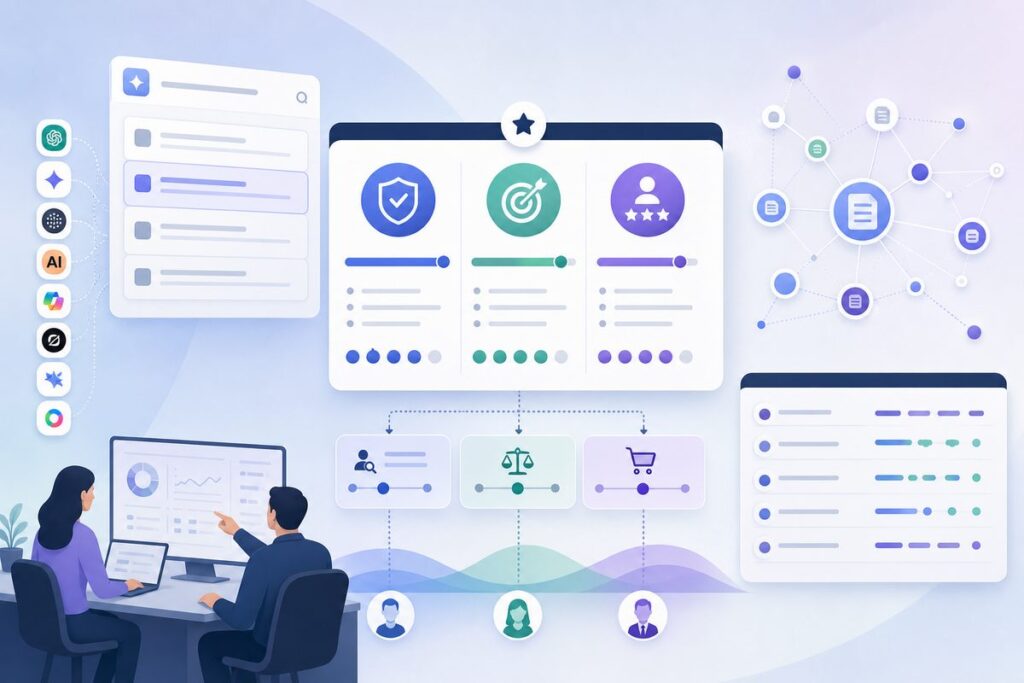 AI citation quality scorecard showing authority, accuracy, and usefulness weighted by buyer decision stage