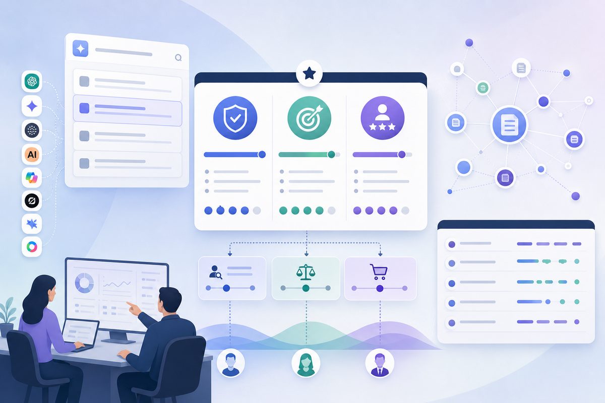 AI citation quality scorecard showing authority, accuracy, and usefulness weighted by buyer decision stage