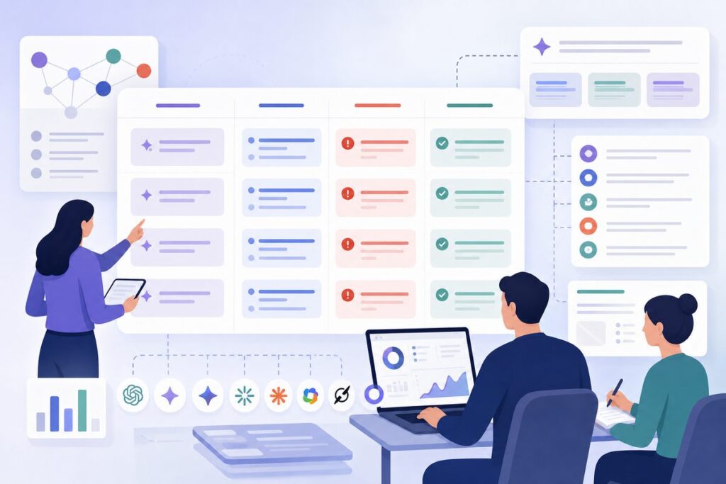 AI search content gap analysis worksheet showing prompts, cited sources, missing evidence, and page fixes