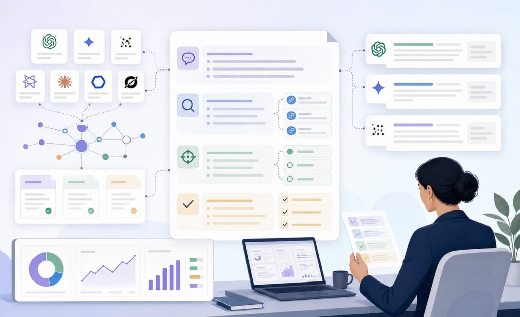 AI search content brief example showing prompts, evidence, source targets, and answer completeness checks