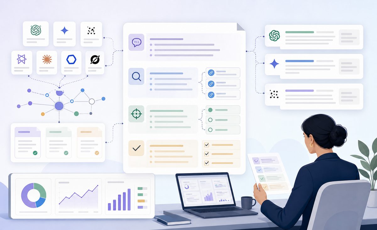 AI search content brief example showing prompts, evidence, source targets, and answer completeness checks