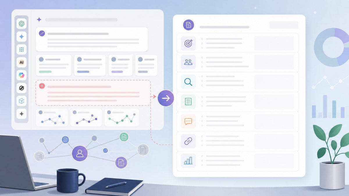 Screenshot placeholder for an AI answer gap and the content brief fields used to repair it