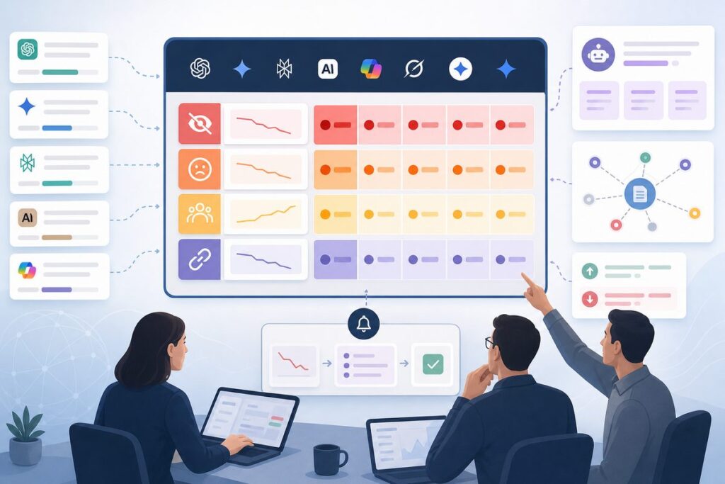 AI visibility alerts triage matrix showing severity by lost mention, negative claim, competitor gain, and citation shift