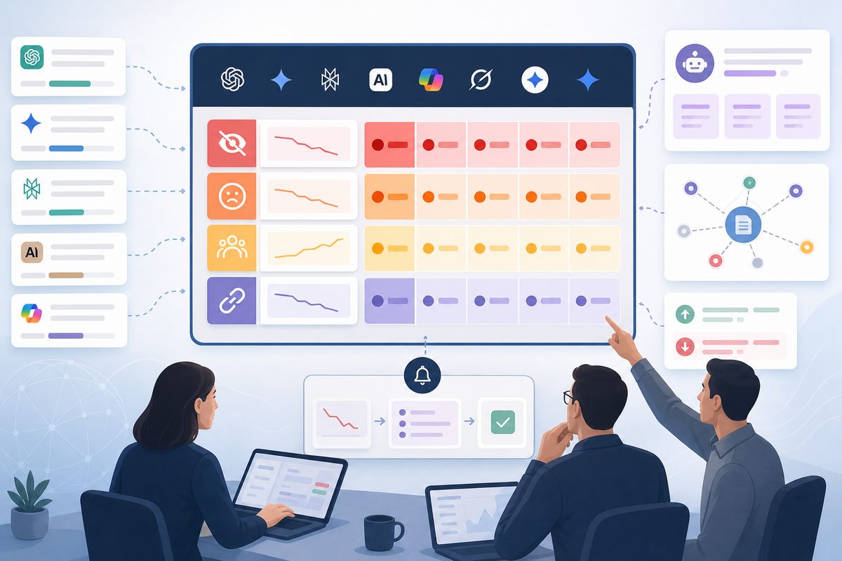 AI visibility alerts triage matrix showing severity by lost mention, negative claim, competitor gain, and citation shift