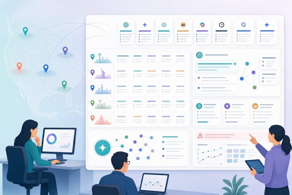 multi-location AI visibility dashboard showing city prompts, AI recommendations, citations, and evidence gaps