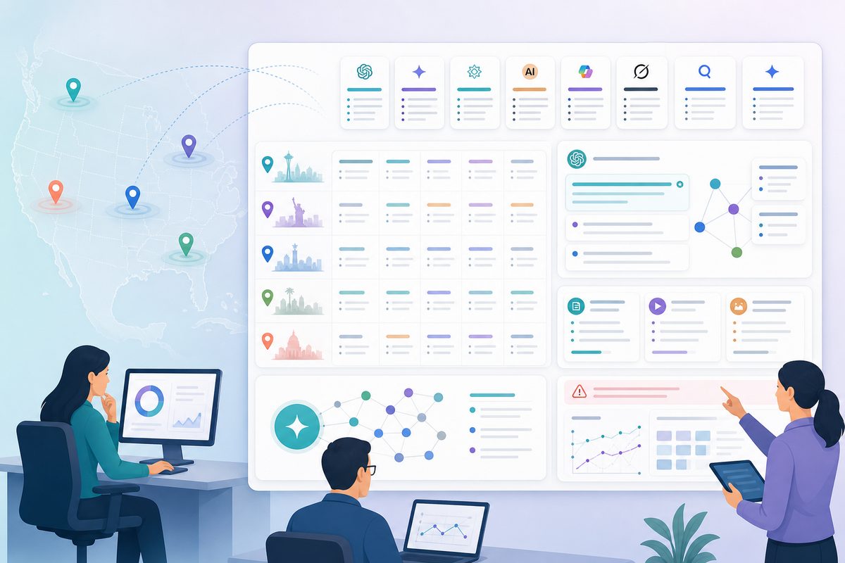 multi-location AI visibility dashboard showing city prompts, AI recommendations, citations, and evidence gaps