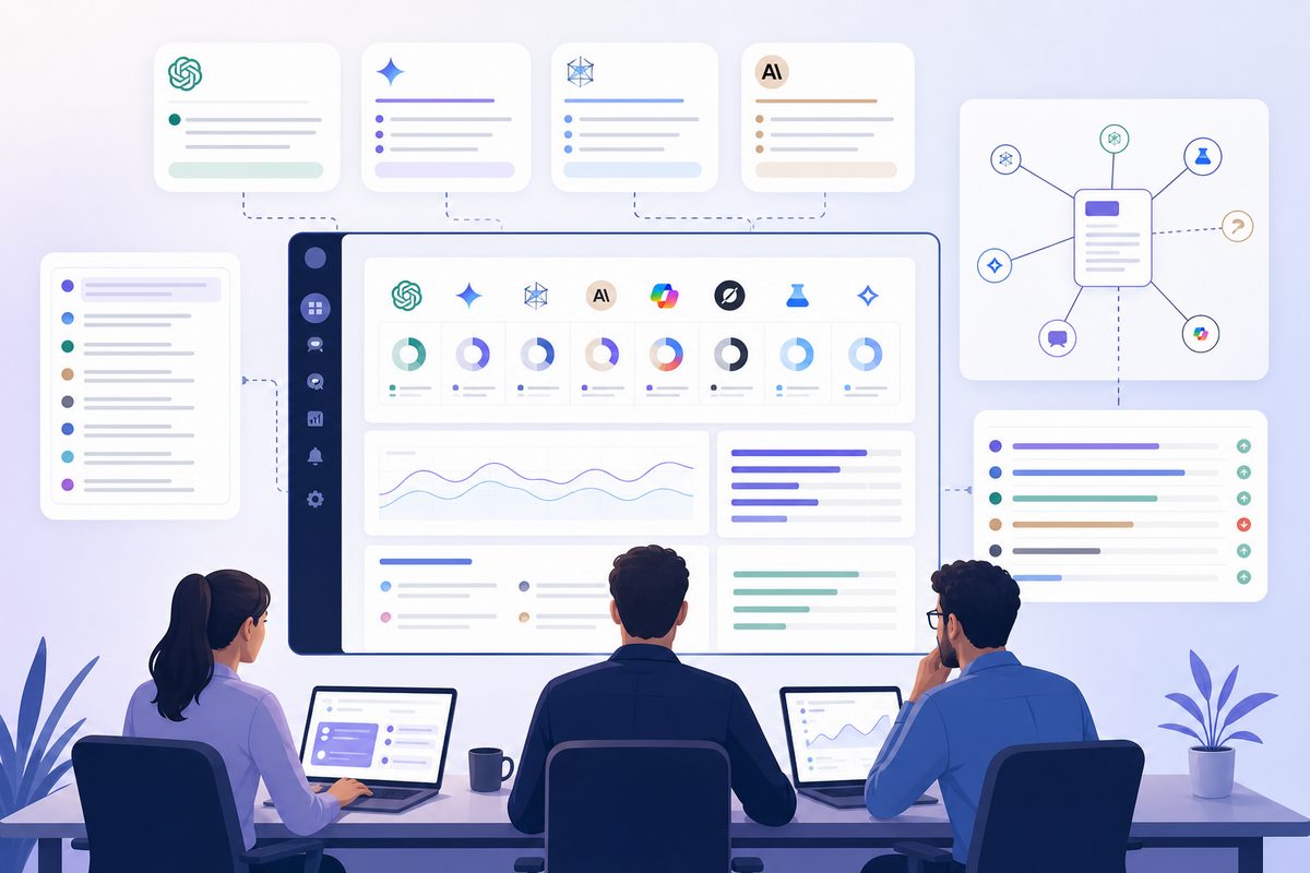 Agency AI search monitoring dashboard showing prompts, cited sources, competitors, and AI share of voice