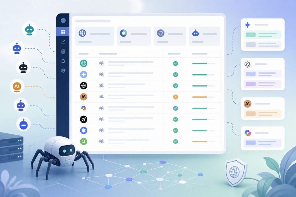 AI crawler optimization log dashboard showing bot access by user agent
