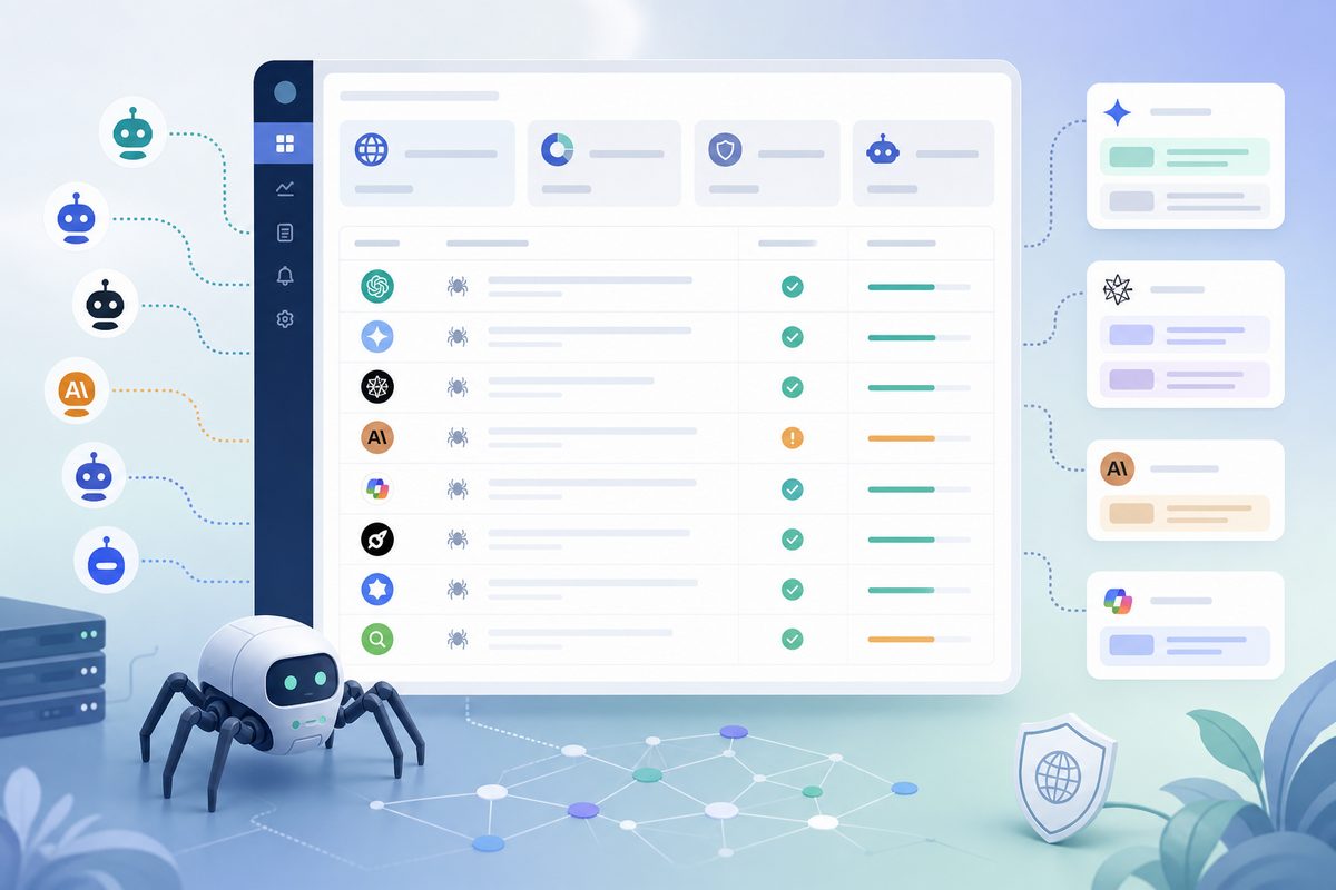 AI crawler optimization log dashboard showing bot access by user agent
