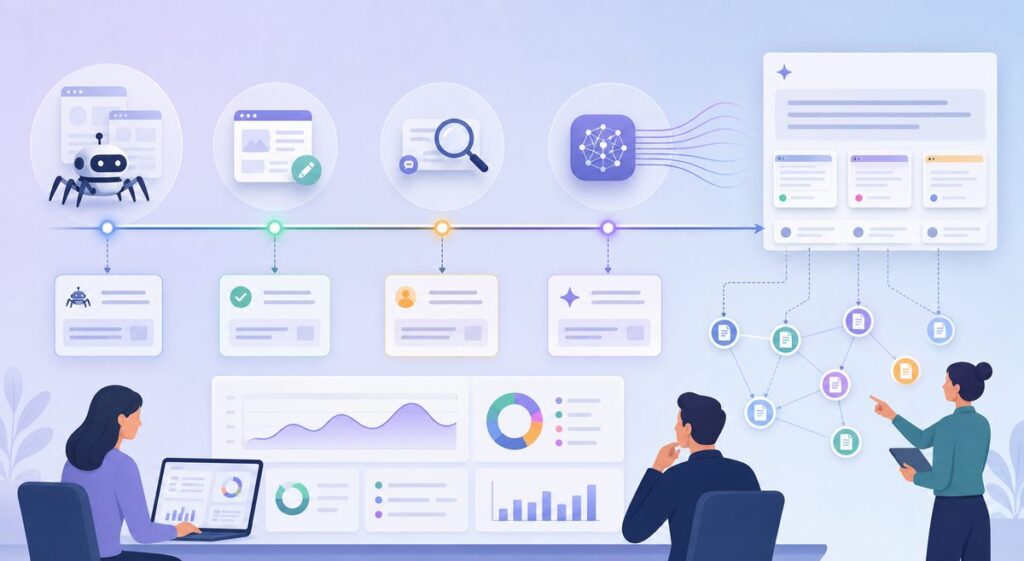 AI crawler log analysis timeline connecting verified bot hits, page changes, prompt checks, and later AI citations