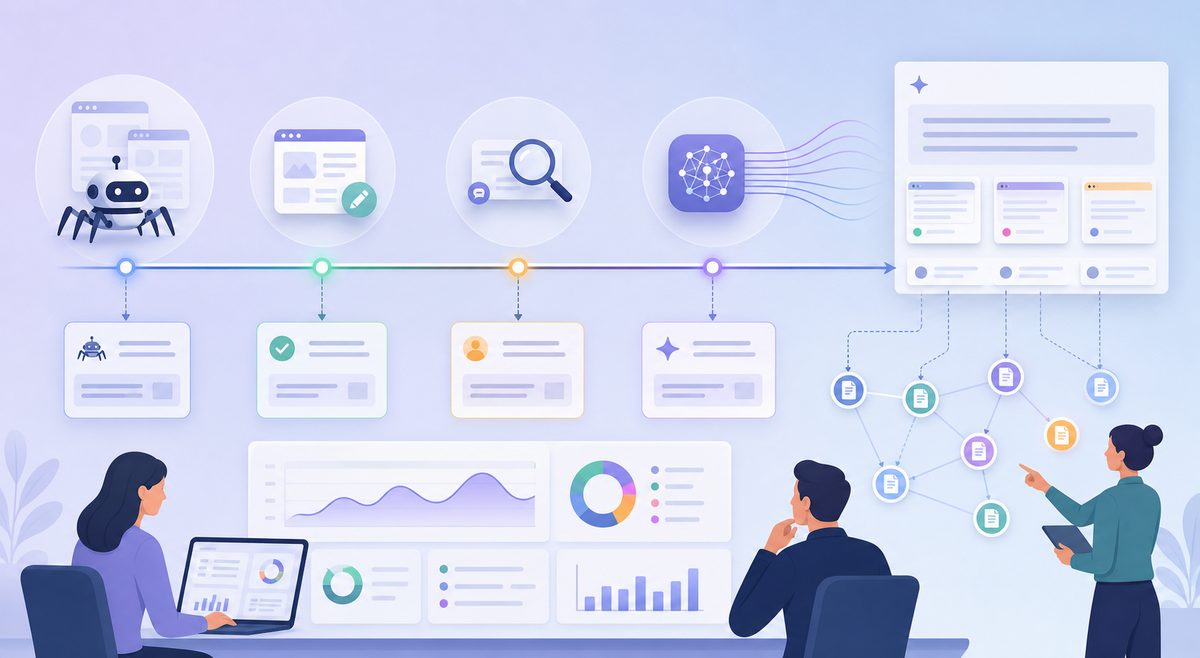 AI crawler log analysis timeline connecting verified bot hits, page changes, prompt checks, and later AI citations