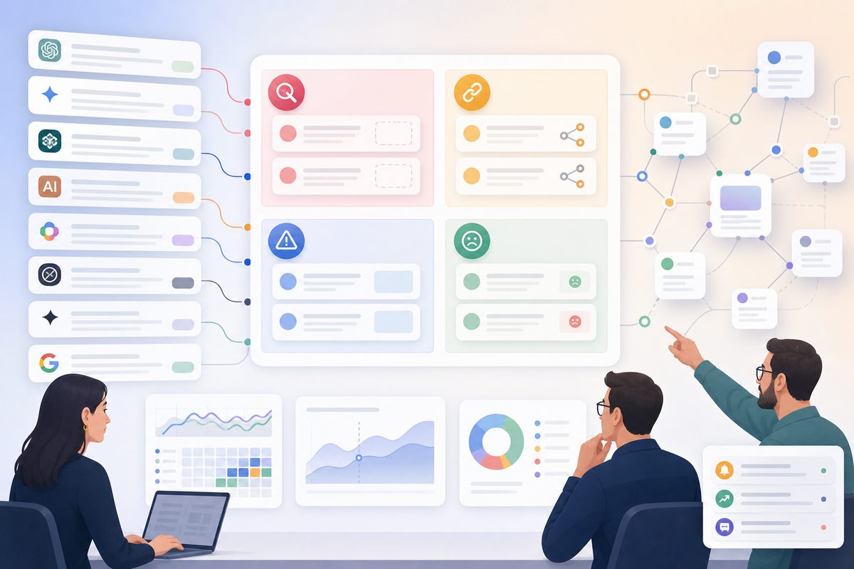 AI search triage matrix separating lost mentions, bad citations, wrong claims, and sentiment issues