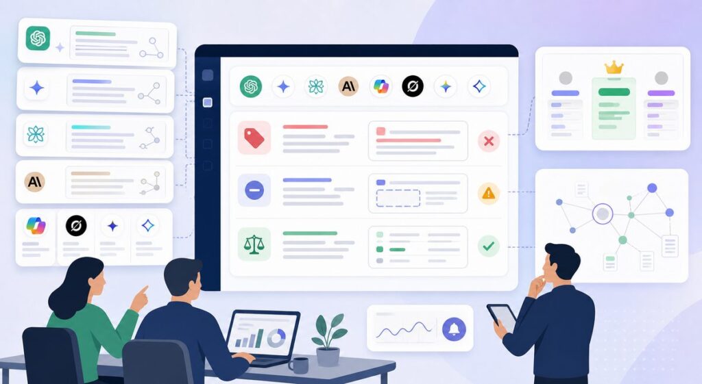 AI visibility QA checklist dashboard showing stale pricing, retired feature, and competitor comparison checks