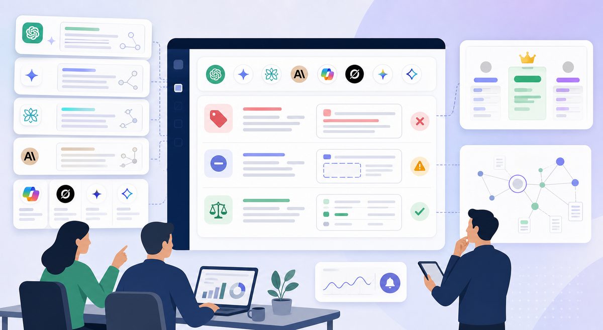 AI visibility QA checklist dashboard showing stale pricing, retired feature, and competitor comparison checks