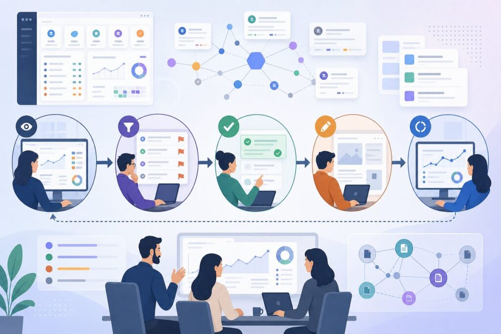AI answer governance workflow showing monitor, triage, approval, publication, and recheck stages