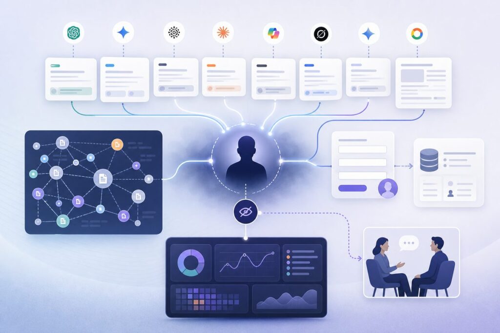 Dark AI search measurement map linking AI answers, form fields, CRM influence, and win-loss interviews