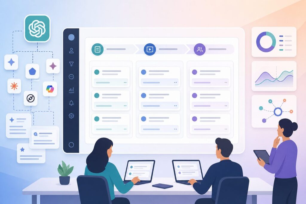 A CRM view showing ChatGPT buyer journey questions mapped to forms, demos, and win-loss interviews