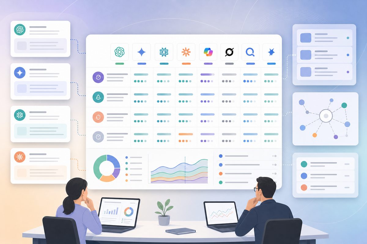 Recommendation Comparison Matrix dashboard with evidence scores and observed AI answer metrics