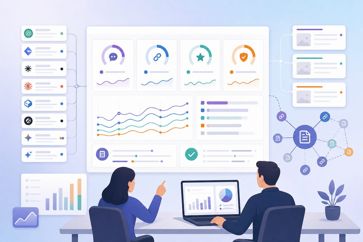 AI visibility dashboard comparing mention rate, citation rate, recommendation rate, and the underlying answer evidence