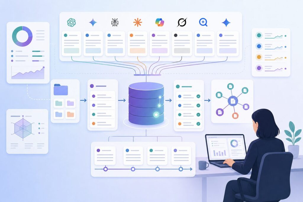 Architecture of an AI visibility prompt library showing portfolio, prompt records, model runs, evidence, and version history
